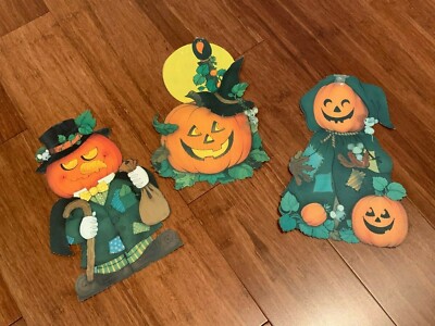 3 Vintage Halloween Paper Cardboard Die Cut Wall Decor Jacko Lanterns Ambassador