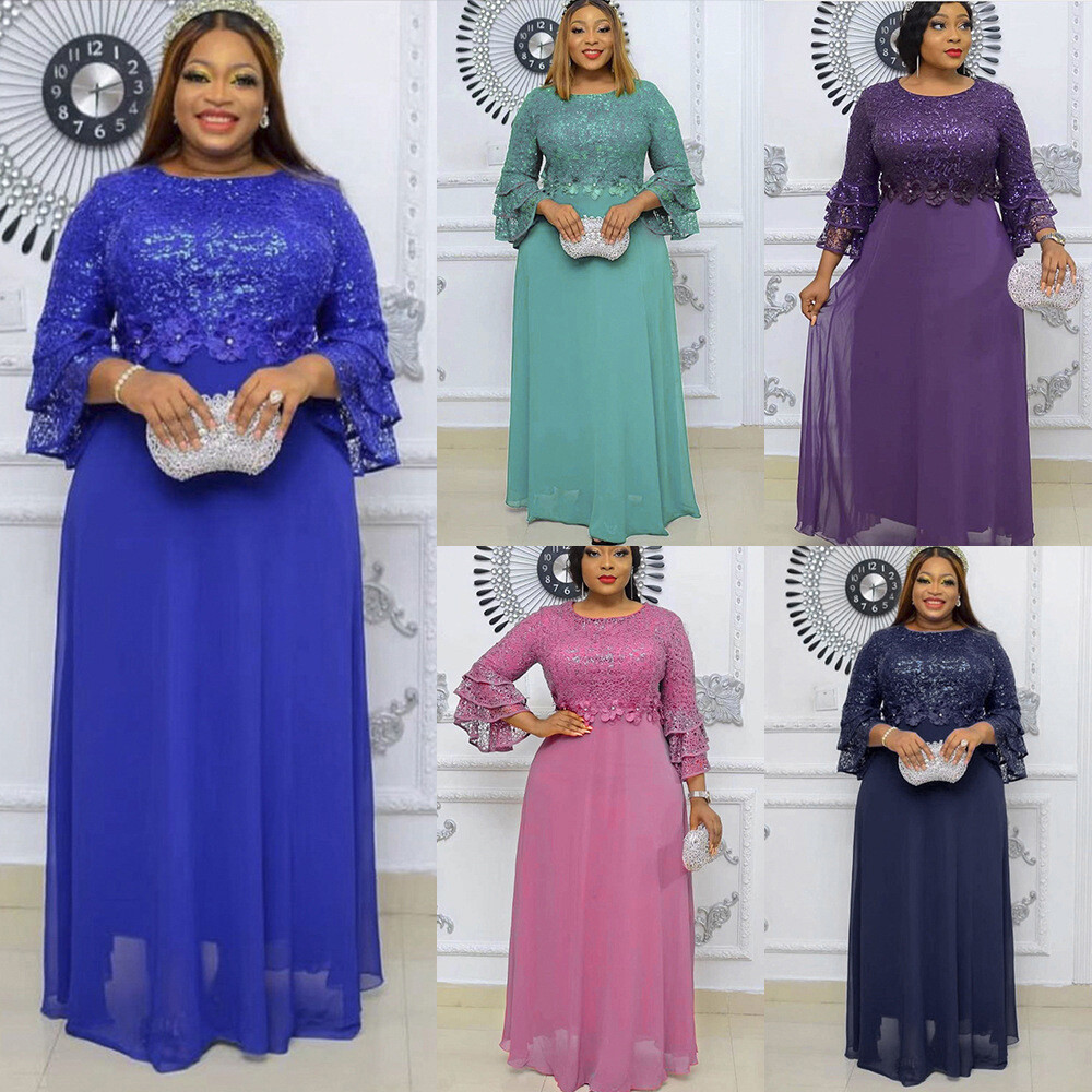 Women's Plus Size Prom Dress Party Dress Lace Dress Long Dress Maxi Dress Pink Blue Purple 3 4 Length Sleeve Plain Lace Summer Spring Fall Crew Neck