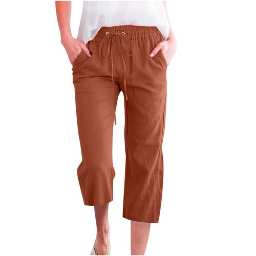 Women Solid Cotton Linen Cropped Pants Loose Fit Pocket Mid Length Capri Pants - Picture 26 of 55