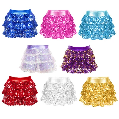 IIXPIN Girl's Kids Sequins Skirted Shorts Sparkly Ruffle Layers Skirt Hip Hop Dance UK