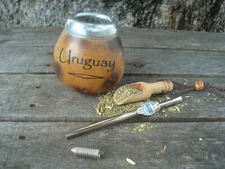 Uruguay Mate Gourd Hand Made  Cup Bombilla Straw Engraving * Uruguay *BONUS