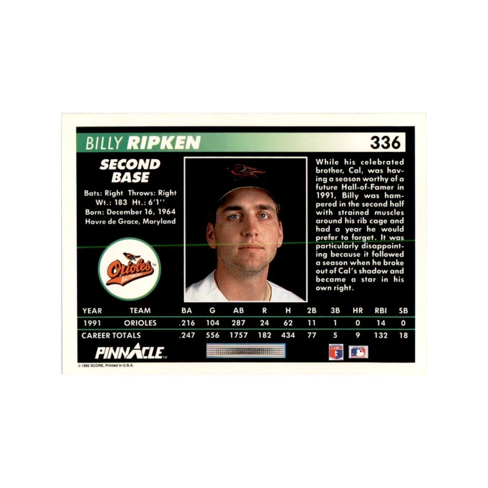 1992 Pinnacle Billy Ripken Baseball Cards #336 - Image 2 of 3