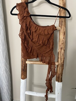 ZARA PLEATED ASYMMETRIC TOP Brick Brown Size S Fitted Ruffled Front Lined
