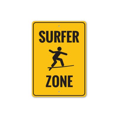 Surfer Zone Beach Sign, Surfer Riding The Waves, Coastal Aluminum Metal Decor