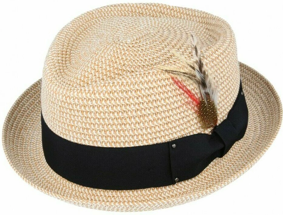 Straw Pork Pie Hat Sun Summer Paper Feather Trilby Fedora Gangster Boys Mens