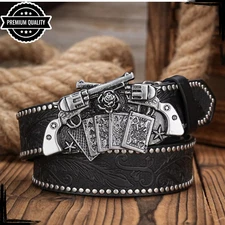 Mens Vintage Cowboy Leather Belt Luxury Buckle Western High Quality Strap Black