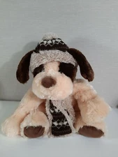 Hugfun Brown Dog Puppy Plush Stuffed Animal W/ Knit Hat & Scarf Winter Christmas