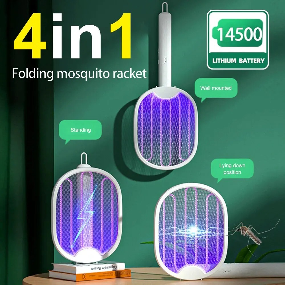 Raquette anti-moustique électrique pliable 4 en 1 rechargeable USB blanche