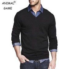 Men's V-Neck Long Sleeve Pullover Sweater Slim Fit Knit Casual Business Outwear