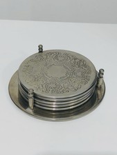 Vintage set Six Silver Plate Embossed Leaf Design Glass Coasters with Holder