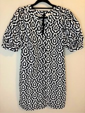 LOFT Black White Print Puff Sleeve Mini Dress Small Cotton