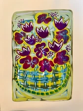 Blue Green Flower Vase modern folk outsider original painting art cottagecore