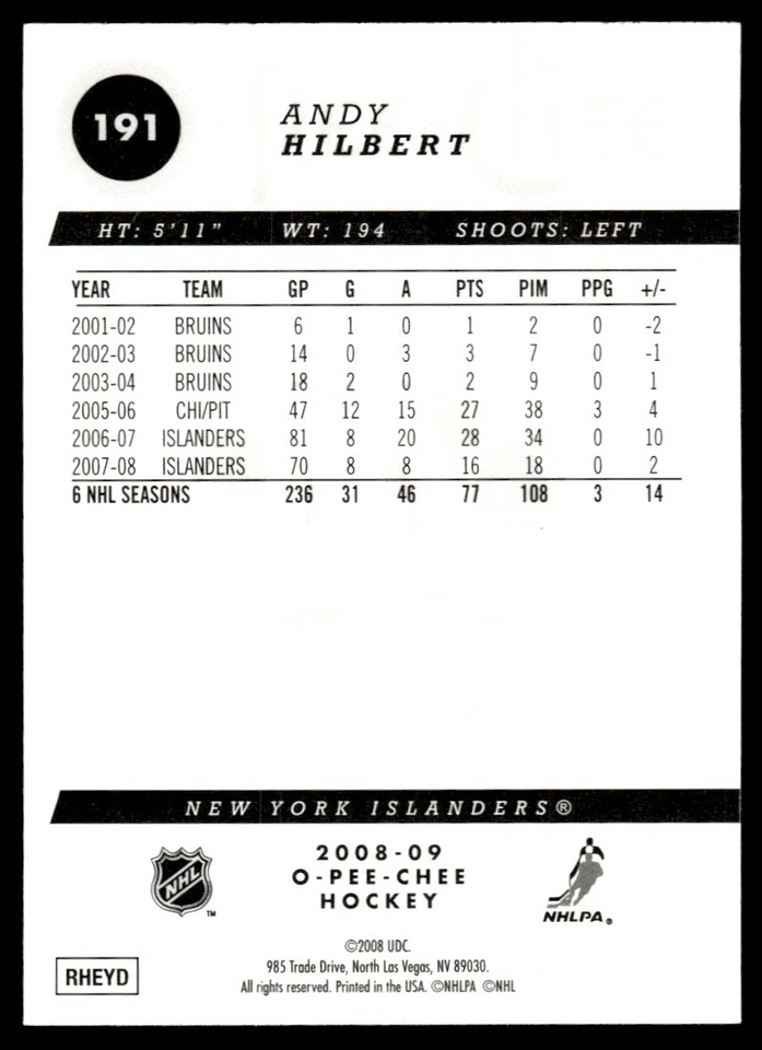 2008-09 O-Pee-Chee Gold Andy Hilbert New York Islanders #191 - Image 2 of 2