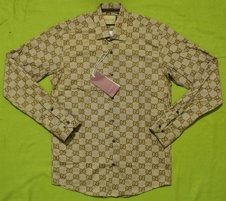 Gucci Camicia Uomo Marrone GG Monogram Manica Lunga Bottoni Slim Fit Taglia XL