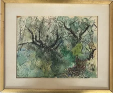 Vintage 1963 Watercolor & Ink Abstract Forest Landscape Signed Hods Framed Art