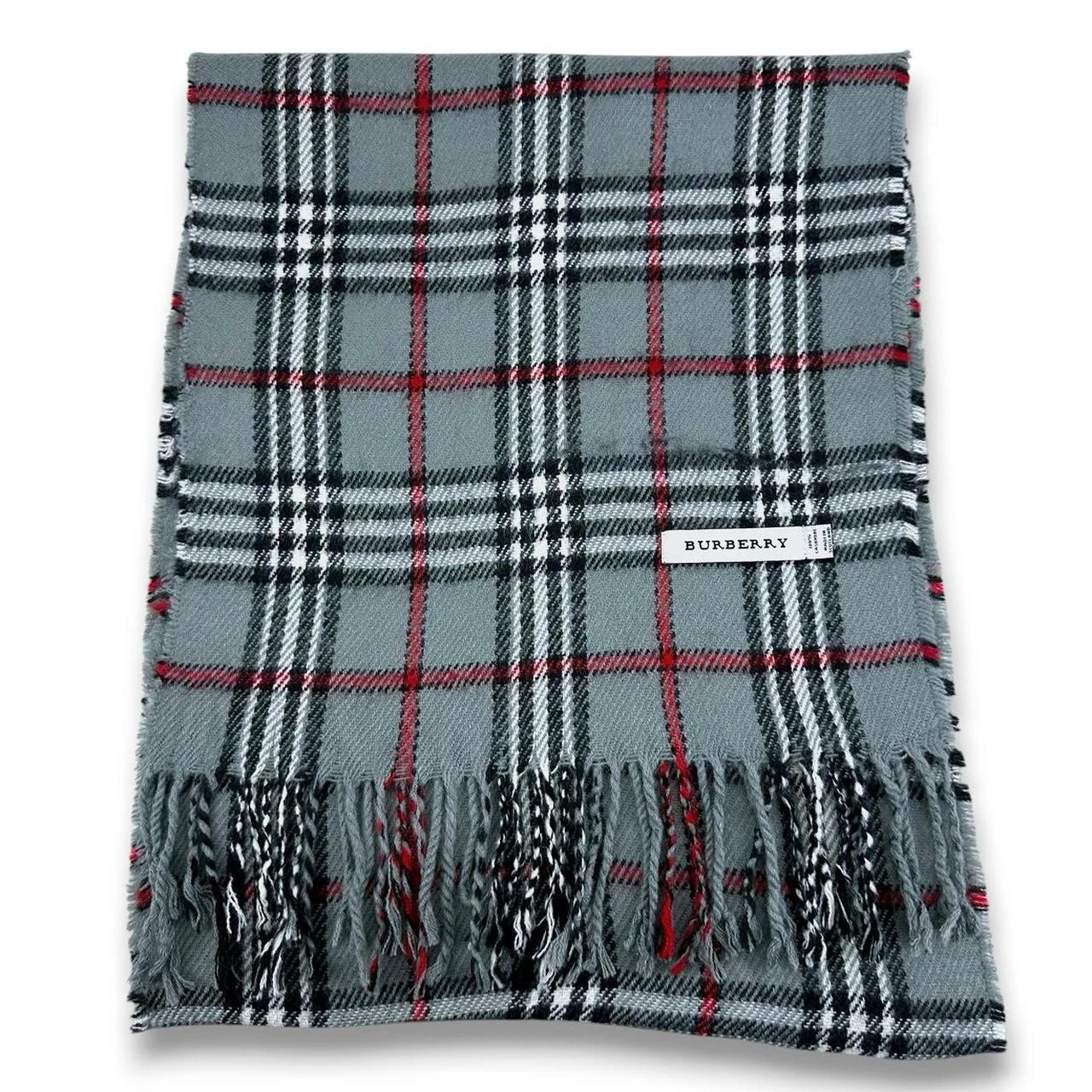 Vintage Burberry 100% Cashmere Checked Scarf, Grey Red White Black (A148)
