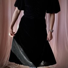 Vintage Black Crushed Velvet Midi Skirt