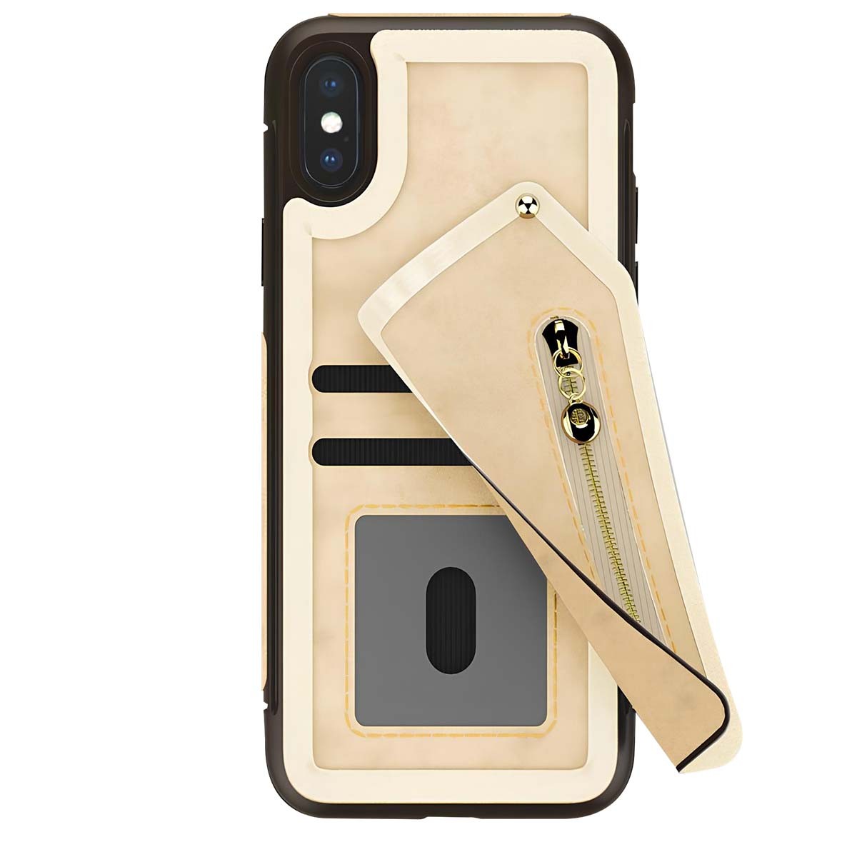 Coque portefeuille iPhone X antichoc beige et étui housse porte-monnaie Zizo