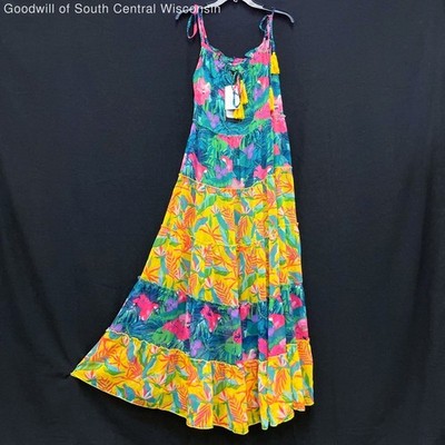 NWT Wmns AMERICA & BEYOND Colorful Tropical Sleeveless Tiered Malia Maxi Dress M