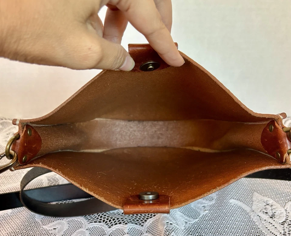 Винтажная сумка через плечо из натуральной коричневой кожи 10x9 латунная фурнитура ручной работы - Изображение 4 из 4