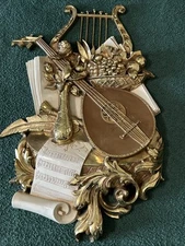 Syroco 1971 #7236 Hanging Wall Art Music Mandolin Harp Fruit Gold 30"x19"x6"