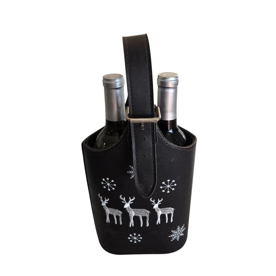 Black Leather 2-Bottle Wine Tote Embroidered Reindeer Buckle Christmas Winter - Image 4 of 4