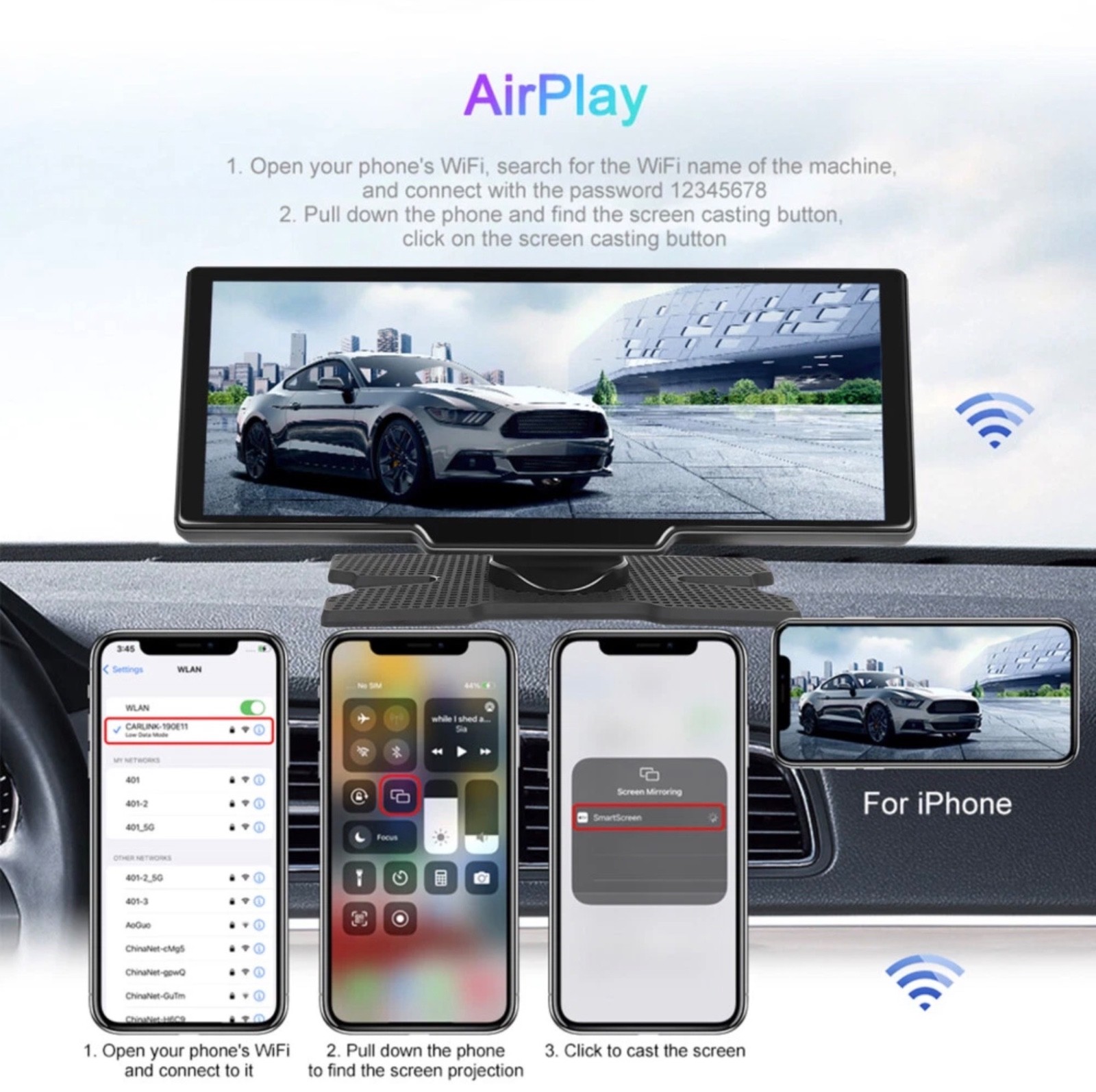 Podofo - Touch Screen Wireless Apple CarPlay Android Auto Dvr Dash Cam And Reverse Camera - Miniatura 11