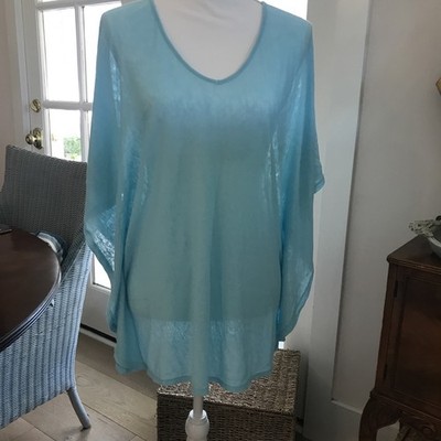 Saks Linen Teal Top Resort Wear Relaxed V Neck Lagenlook