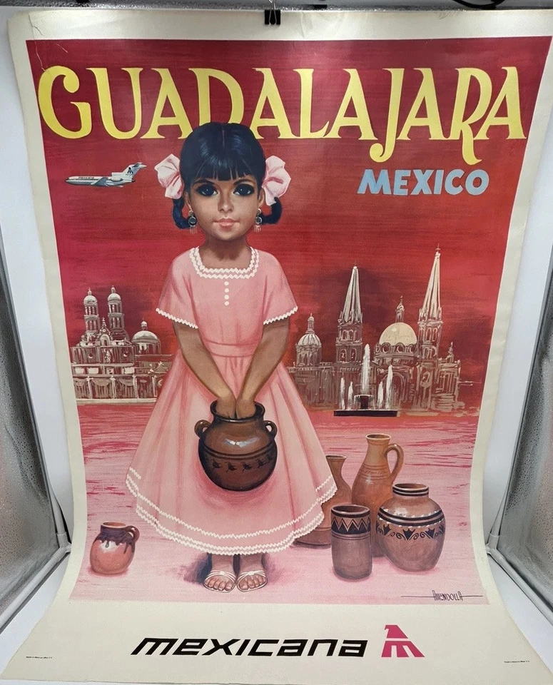 Mexicana Airlines Guadalahara 1960s Travel Poster AMENDOLLA Art Vintage 28x37in - Image 2 of 4