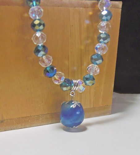 Handmade Crystal Beaded Necklace with Blue Agate Pendant - Picture 2 of 7