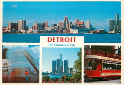 Postcard Detroit, Michigan - 4 Views of City Features, Trolley, Renaissance Cntr