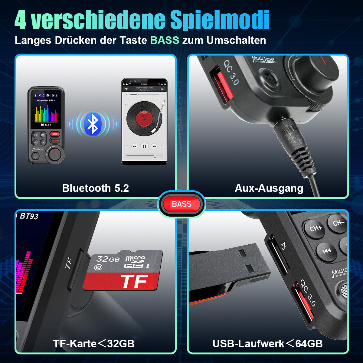 FM Transmitter Bluetooth 5.0 KFZ Dual USB Auto Ladegerät für Handy Radio Adapter