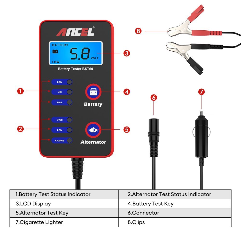 ANCEL BST60 12V Digital Car Battery Tester Alternator Charging Cigarette  Adapter