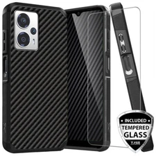 For AT&T Motivate Pro 5G Phone Case Carbon Fiber TPU Armor Cover +Tempered Glass