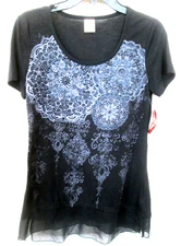 Faded Glory Black Gray Sheer at Bottom Polyester Pullover Top Shirt Size M -NWT