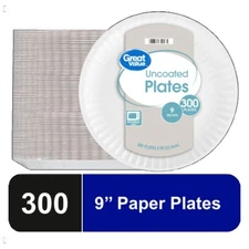 Great Value Uncoated Paper Plates, 9 Inch, White, 300 Count