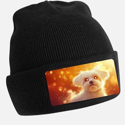 Black Beanie Hat with Cool Maltese Dog Motif - Unisex Cap, Cotton
