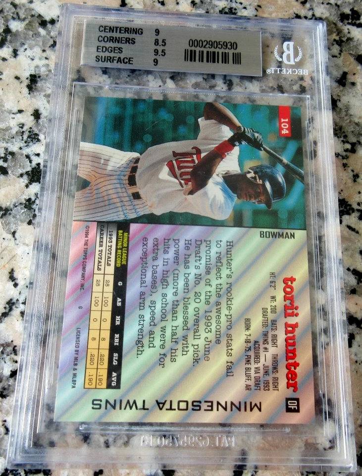 TORII HUNTER 1994 Bowman #1 Draft Rookie Card RC BGS 9 9.5 Twins Angels 353 HRs - Image 3 of 3