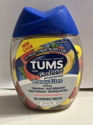 TUMS Chewy Bites Chewable Antacid Tablets with Gas Relief, Lemon Strawberry 54ct