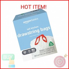 Amazon Basics 13 Gallon Tall Kitchen Drawstring Trash Bags, Clean Fresh Scent, 1