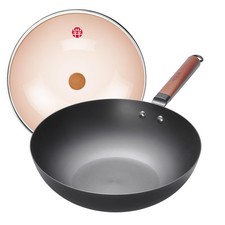 12.6" Carbon Steel Wok Pan with Lid, Lightweight Stir Fry Pan with Flat Botto...