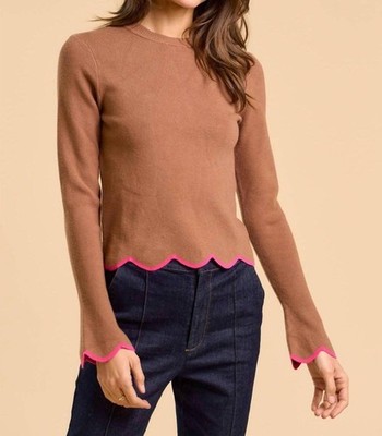 Lalavon Play Date Scallop Edge Sleeve Sweater Top Brown / Pink