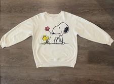 Peanuts Snoopy Unisex Cream Crewneck Sweatshirt Size Medium Distressed Stain