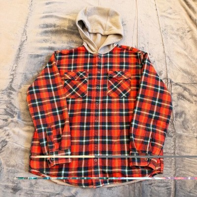 LL Bean Youth (18) XL Fleece Lined Flannel Shirt Jacket Snap Up Hooded Plaid Red