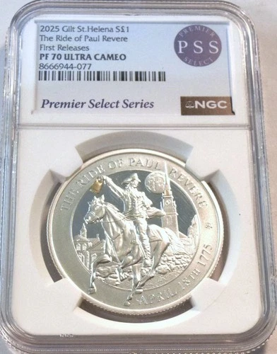 2025 Gilt St. Helena Silver Ride of Paul Revere 1 oz NGC PF 70 UCAM 1 Pound Coin