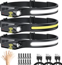 Headlamp Rechargeable 3Pack, LED Headlamp Flashlight with Motion Sensor, 230° CO