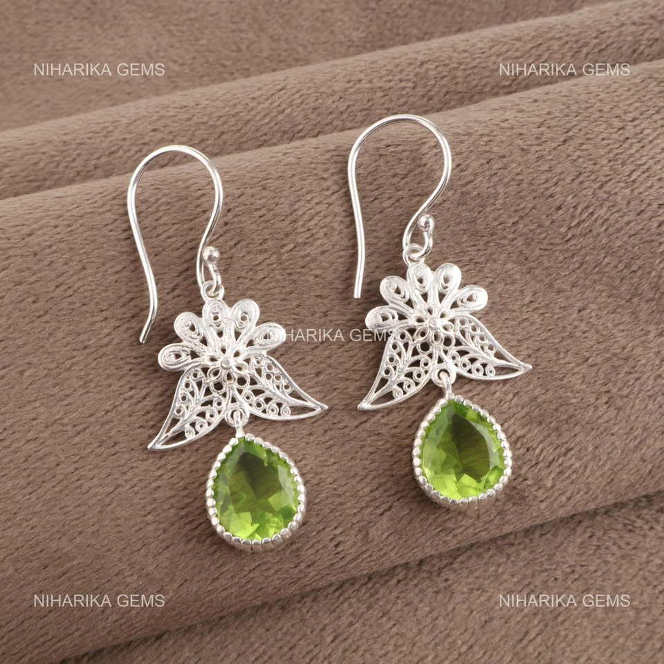 925 Silver Pear Natural Peridot Cyber Monday Dangling Sister Hook Boho Earrings - Image 3 of 4