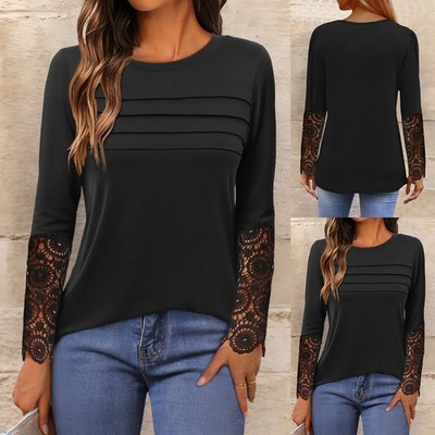 Damen Langarm Hemd Spitze Langarmshirt Freizeit Top Casual Oberteile Blusehemd