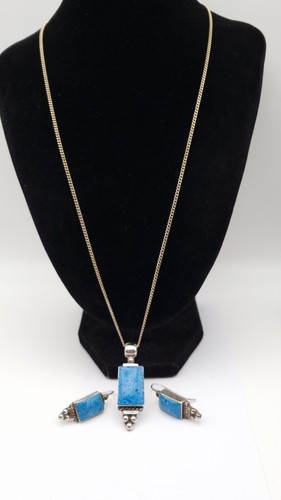 Conjunto de pendientes colgantes de plata mexicana 925 denim lapislázuli cadena de 23" de colección - Imagen 2 de 12