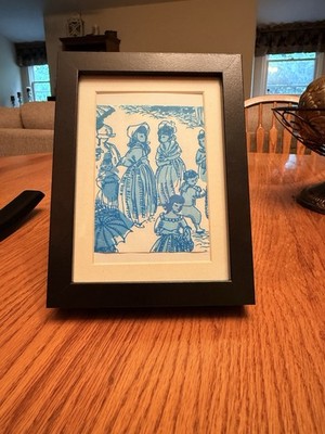 Vintage Framed Blue Toile Fabric Swatch 5x7 Black Frame French Country Deco